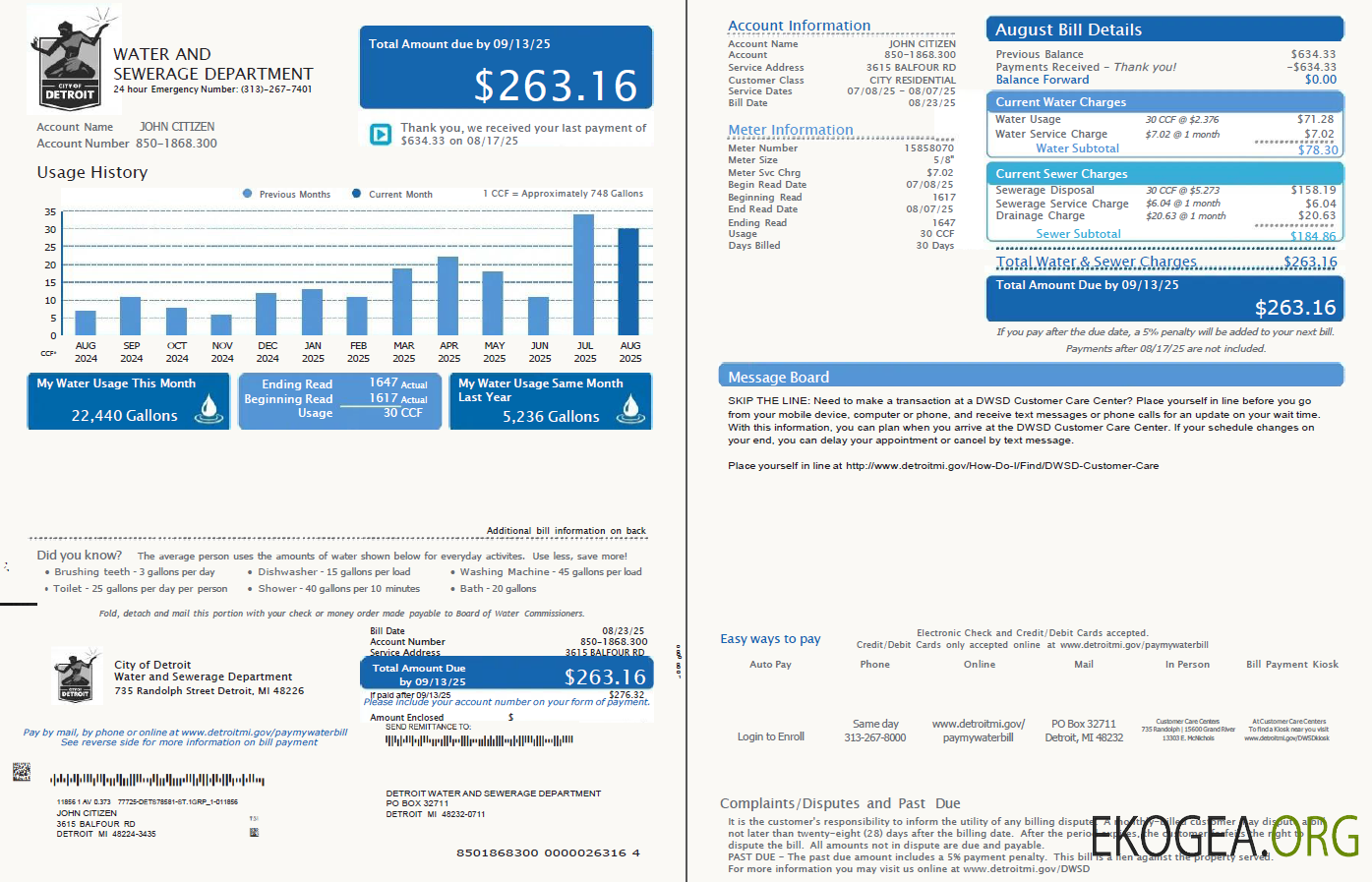 USA Detroit Water and Sewerage Department utility bill template in Word and PDF formats, 2 pages, version 5
